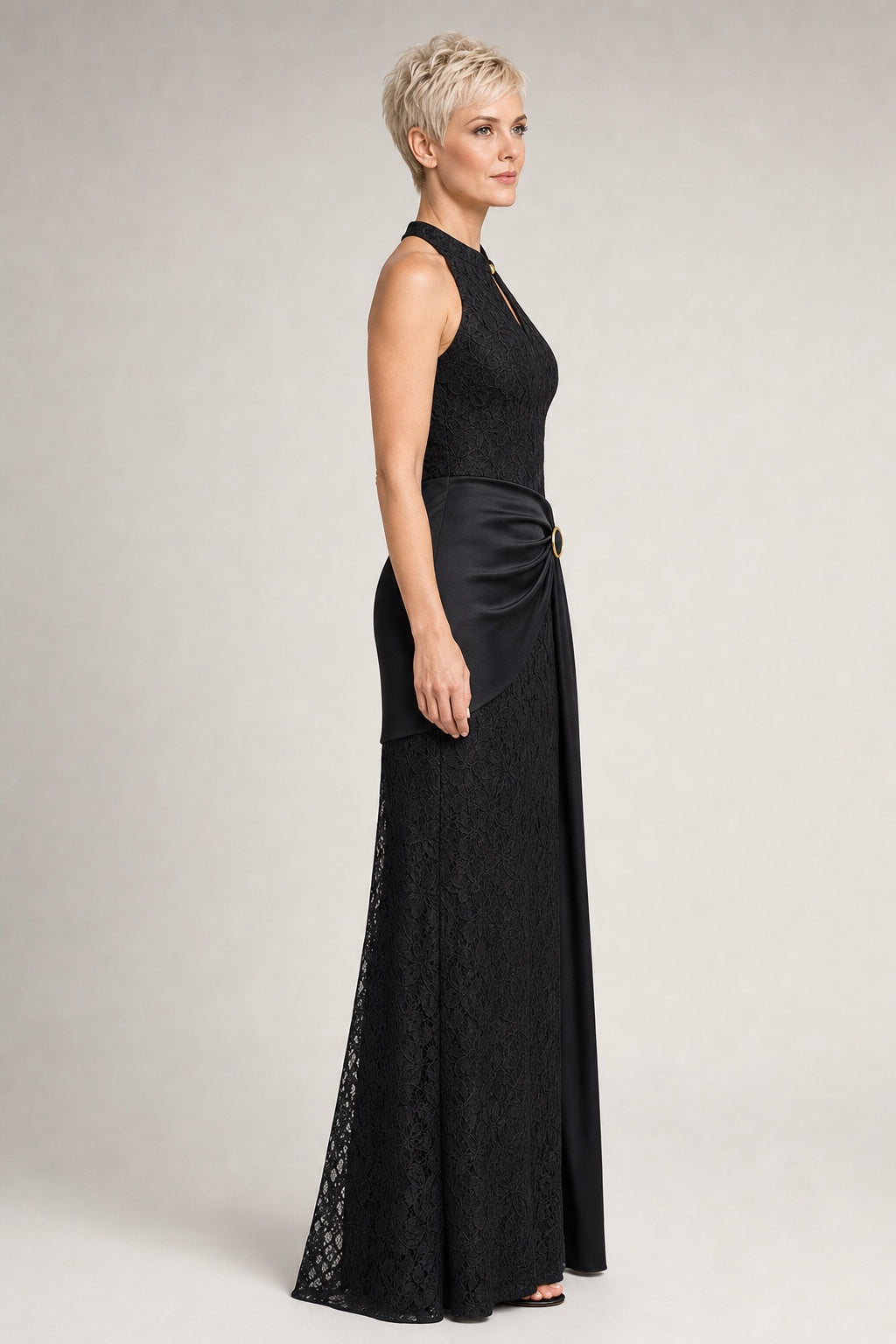 Allison black lace and satin draped maxi dress - studio side view