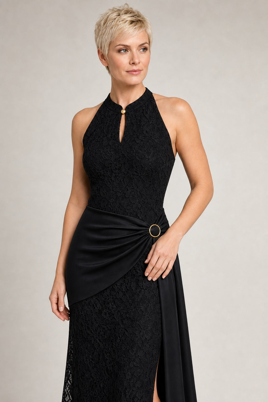 Allison black lace and satin draped maxi dress - lace collar and gold ring detail