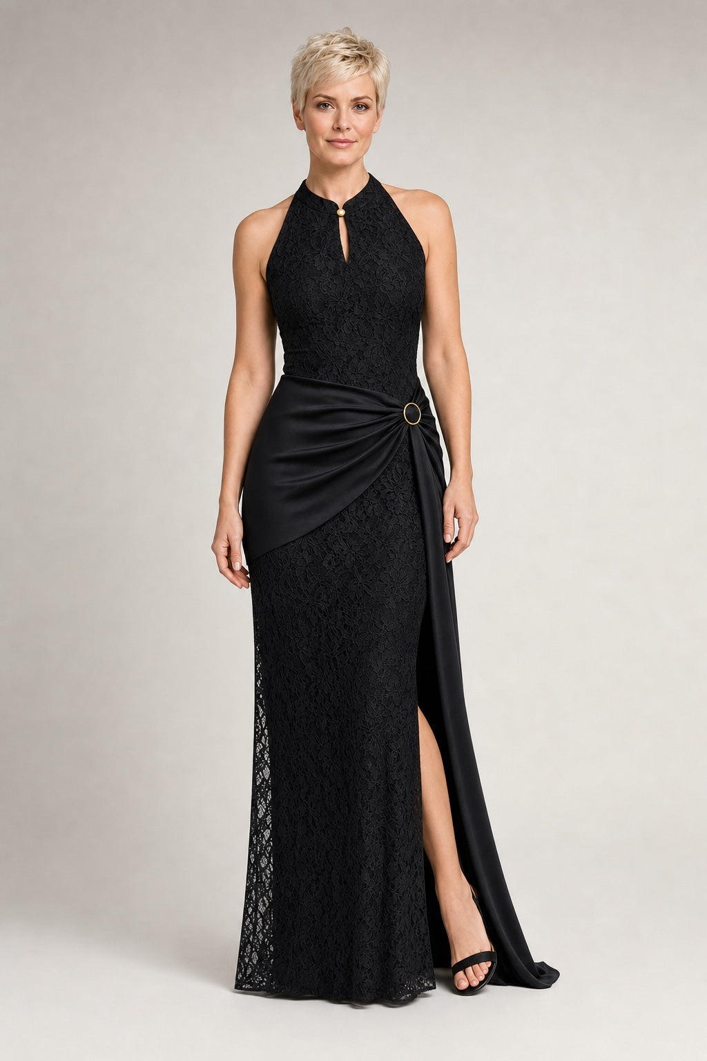 Allison lined lace and satin draped maxi dress in Black