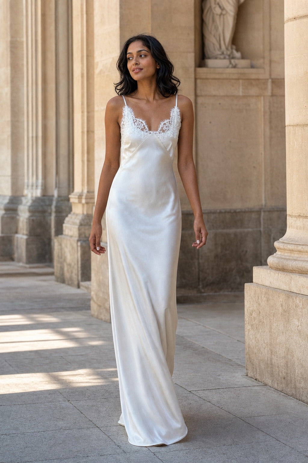 Brooklyn ivory lace satin evening maxi dress - colonnade lifestyle