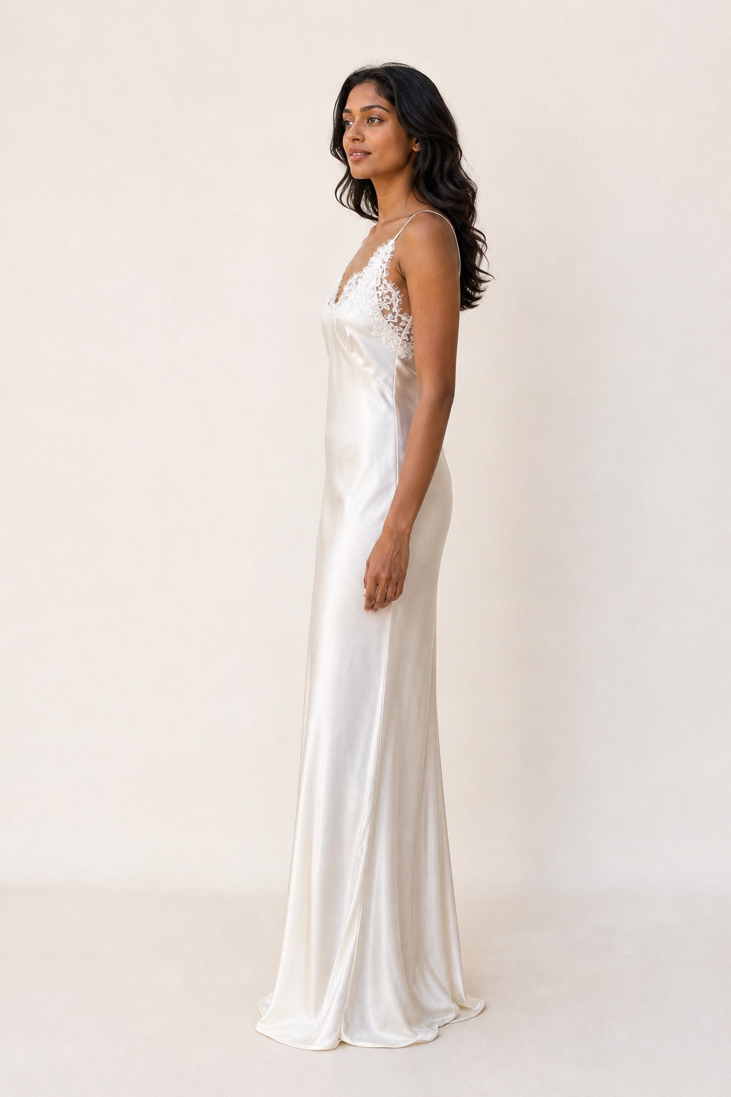 Brooklyn ivory lace satin evening maxi dress - side view