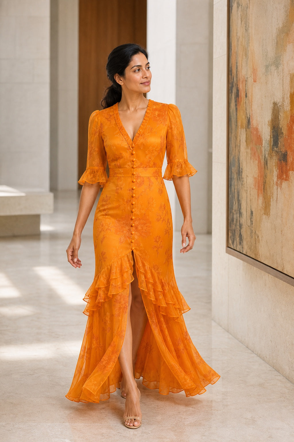 Sadie orange lace-trim printed maxi dress - gallery lifestyle