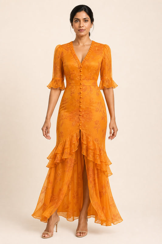 Sadie orange lace-trim printed maxi dress - front view