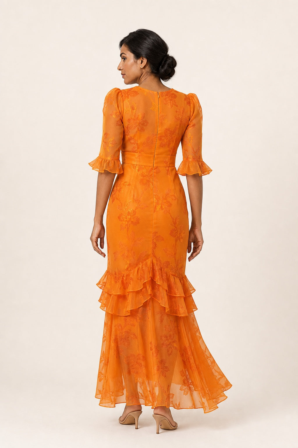 Sadie orange lace-trim printed maxi dress - back view