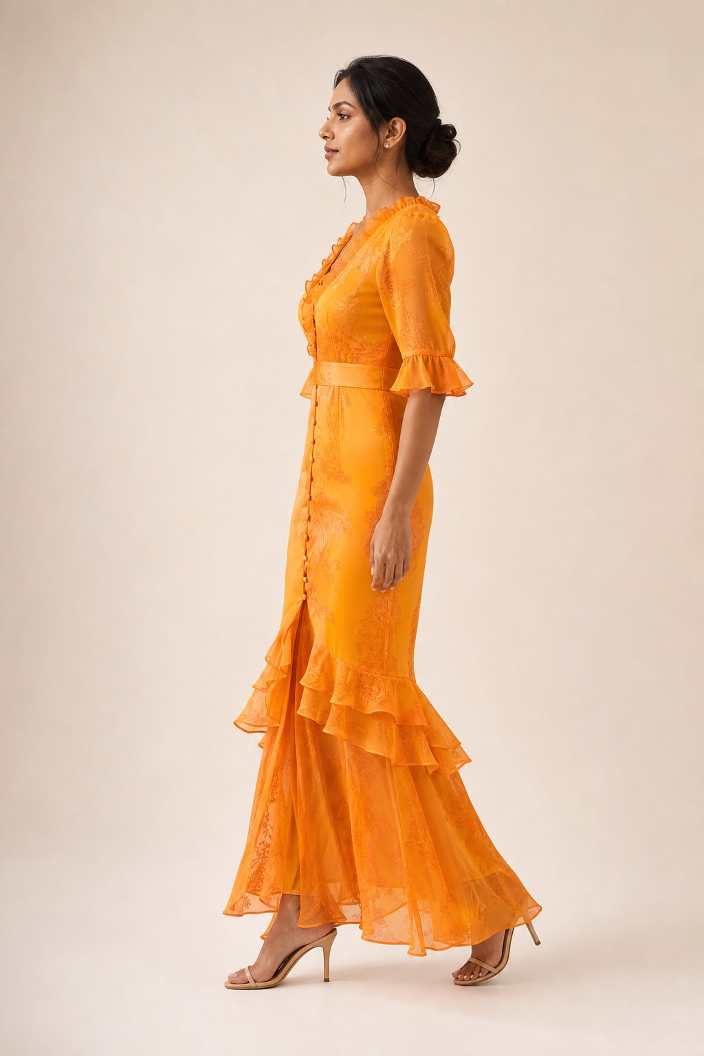 Sadie orange lace-trim printed maxi dress - side view
