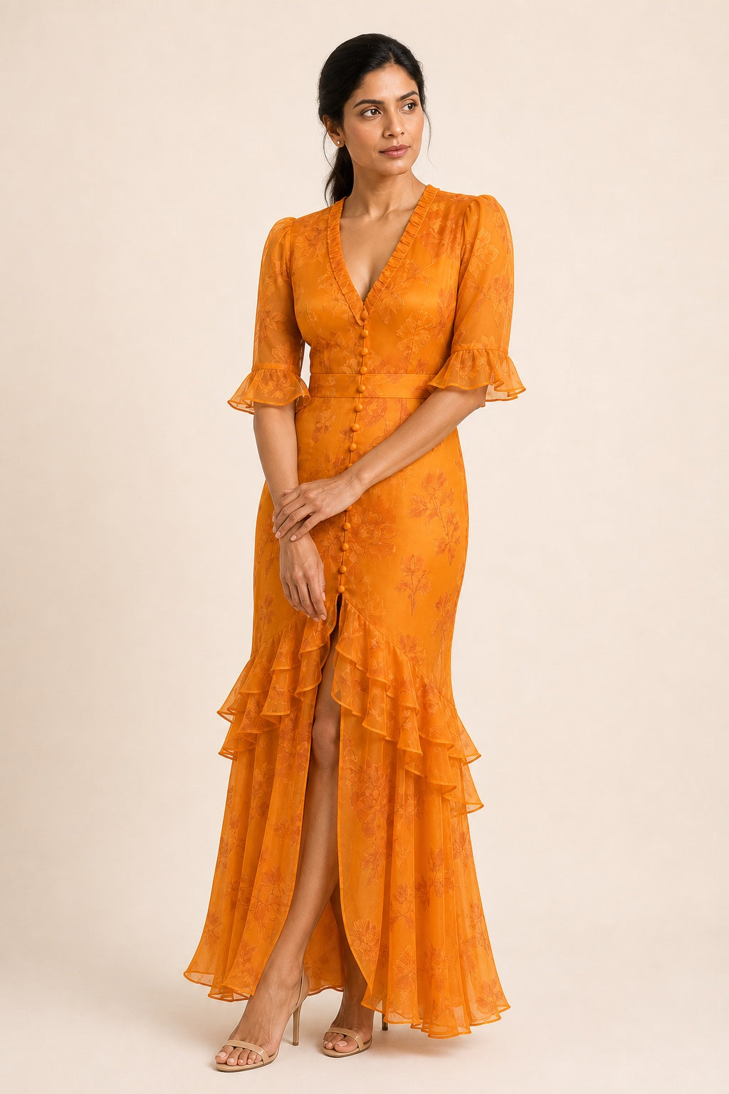 Sadie orange lace-trim printed maxi dress - buttons and ruffle detail