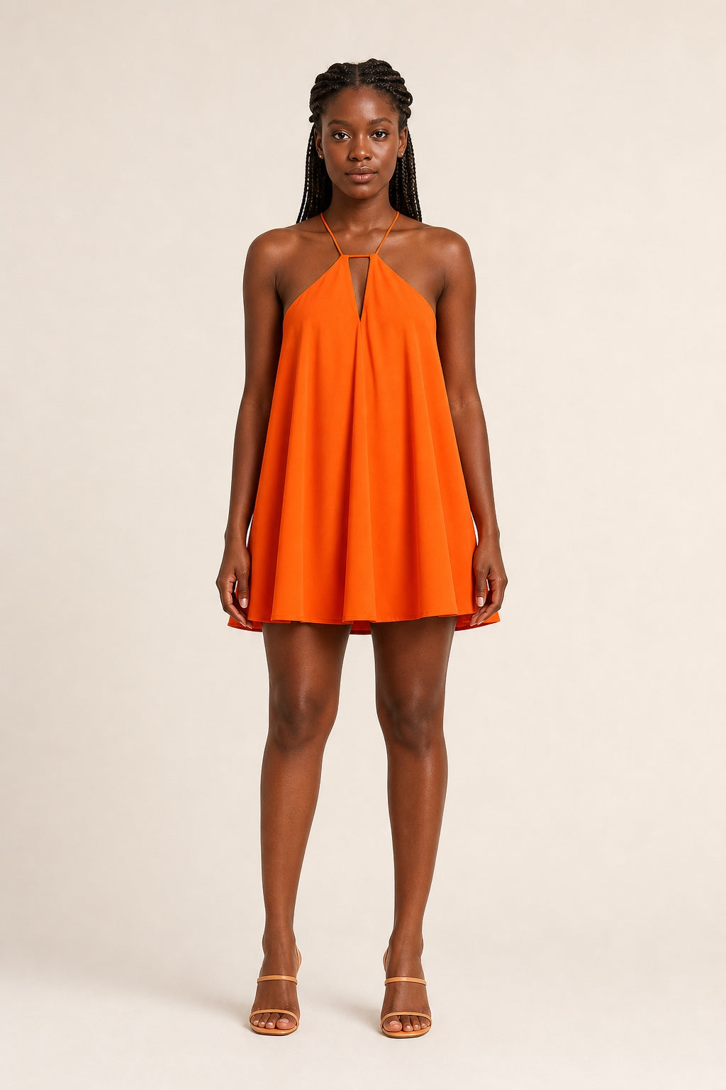 Ava orange cutout swing mini dress - studio front view