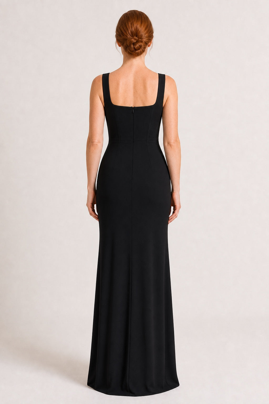 Violet black square-neck draped maxi dress - studio back view