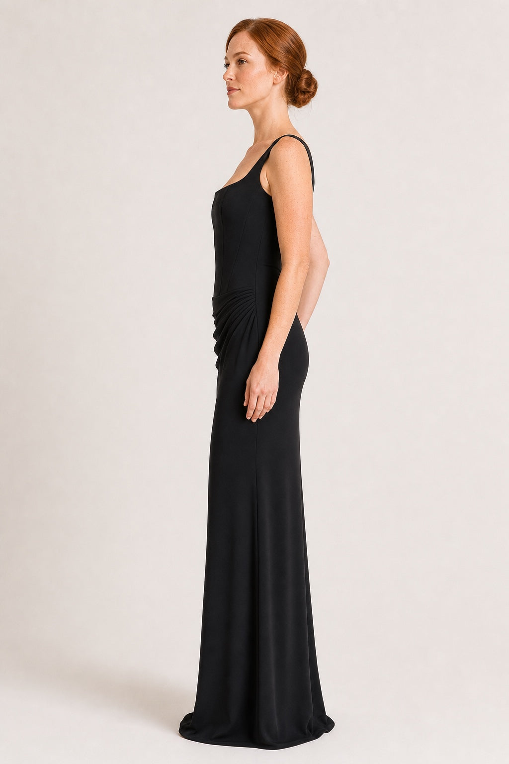 Violet black square-neck draped maxi dress - studio side view