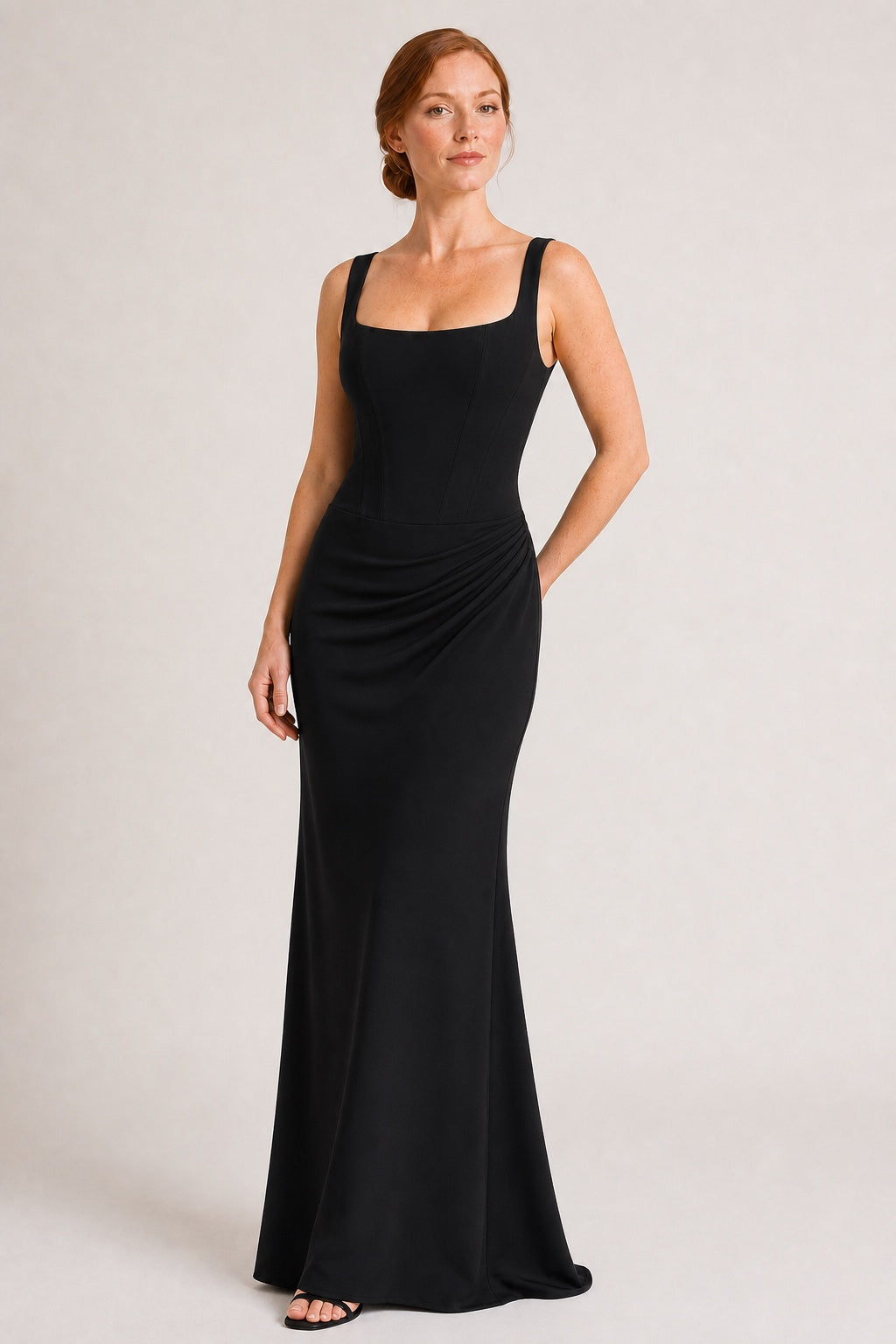 Violet square-neck draped floor-length dress in Black