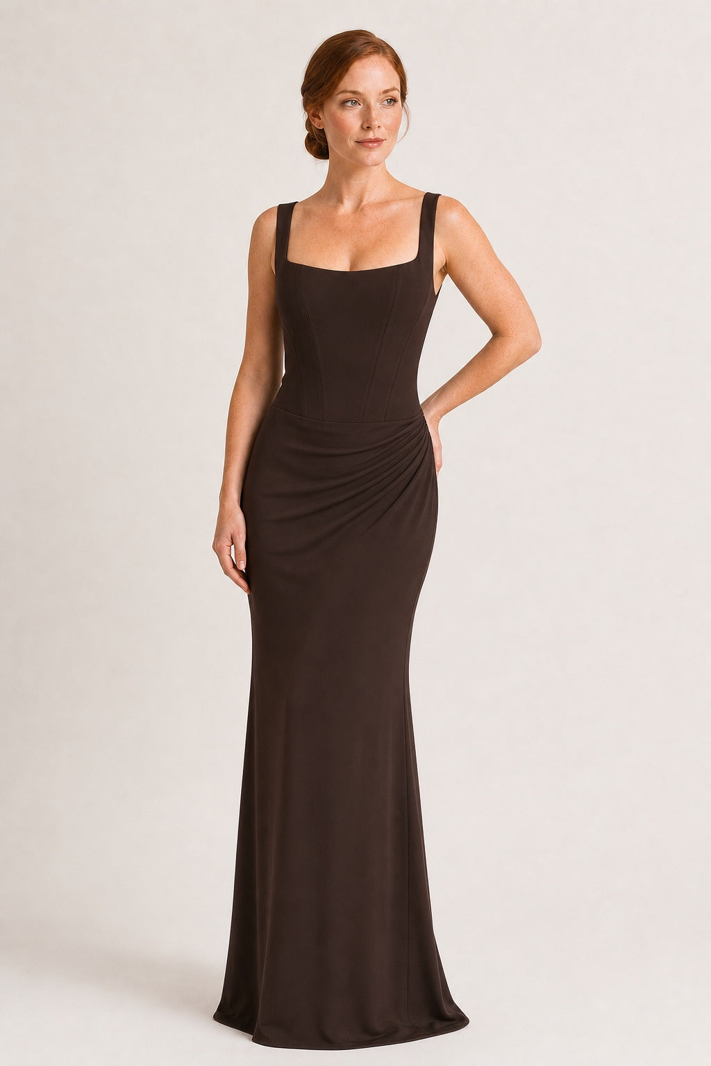Violet square-neck draped floor-length dress in Brown