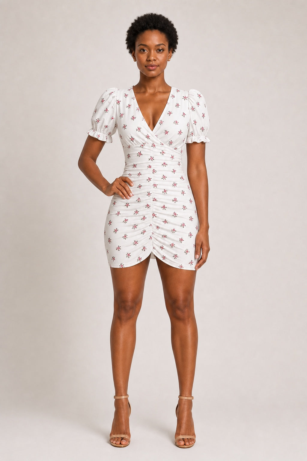 Camila ivory rosebud-print ruched mini dress - front view