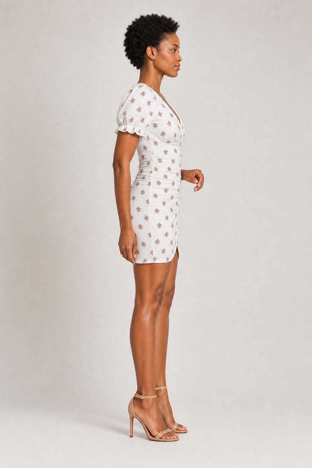 Camila ivory rosebud-print ruched mini dress - side view