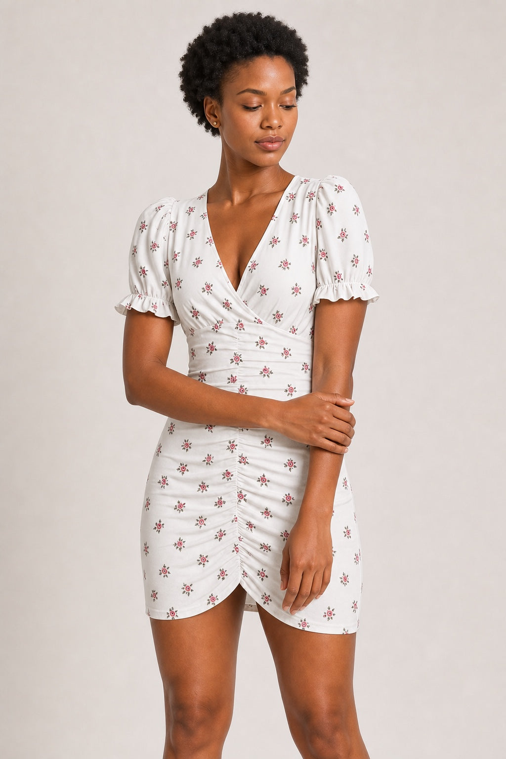 Camila ivory rosebud-print ruched mini dress - sleeve and ruching detail