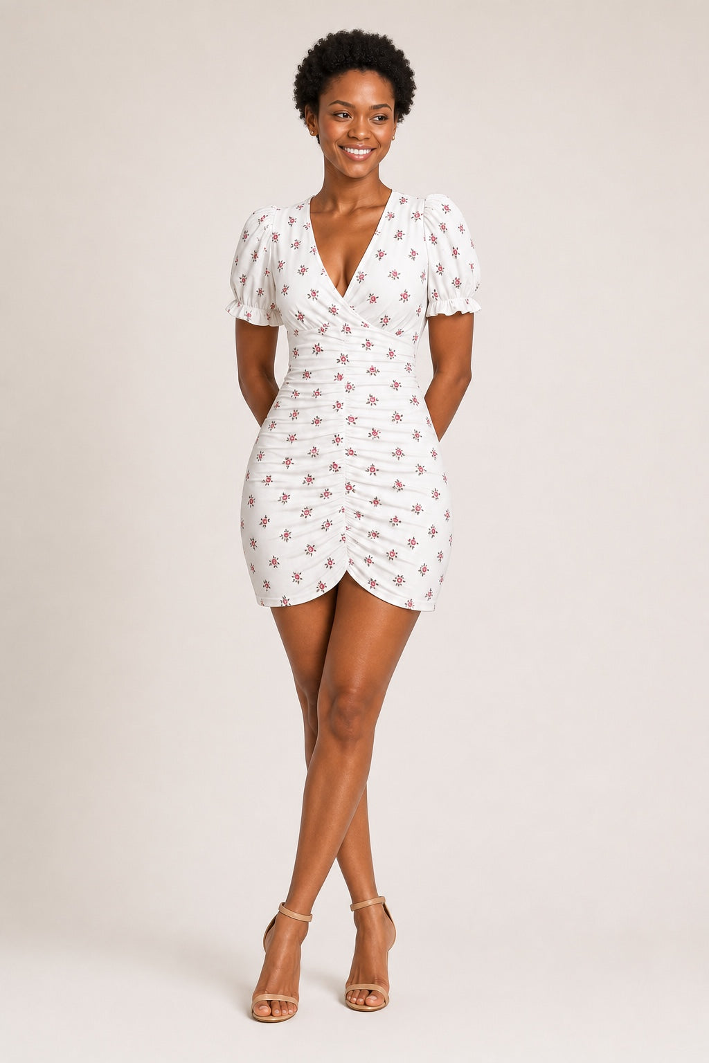 Camila rosebud-print ruched mini dress in Multicolor - variant view