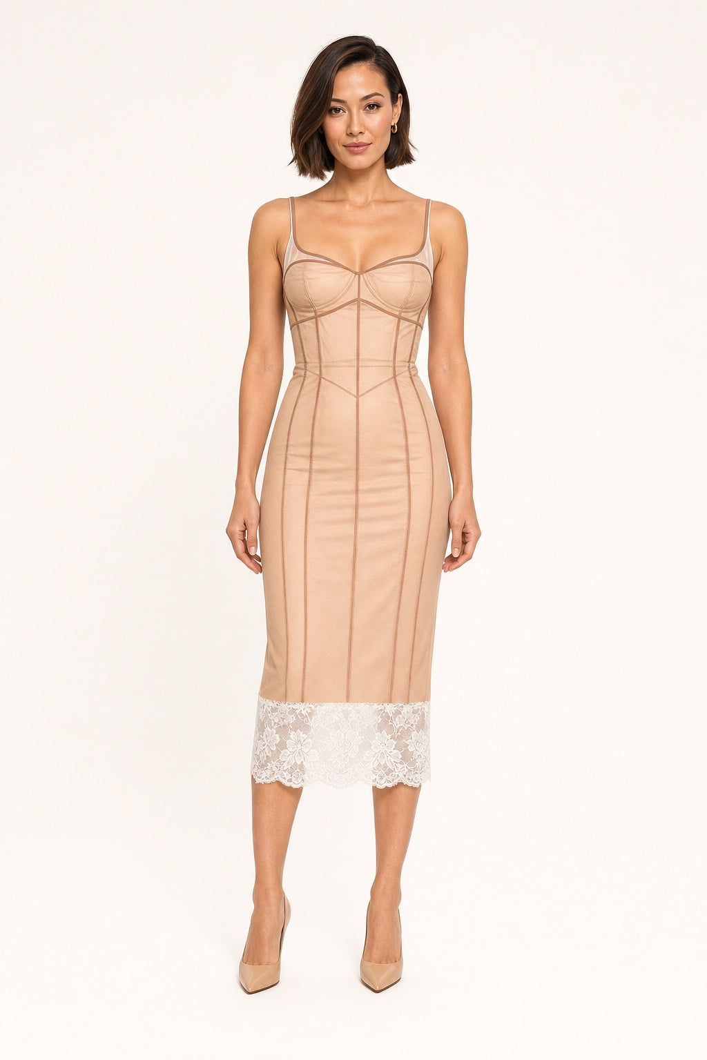 Maya nude corset-seam lace midi dress - front view