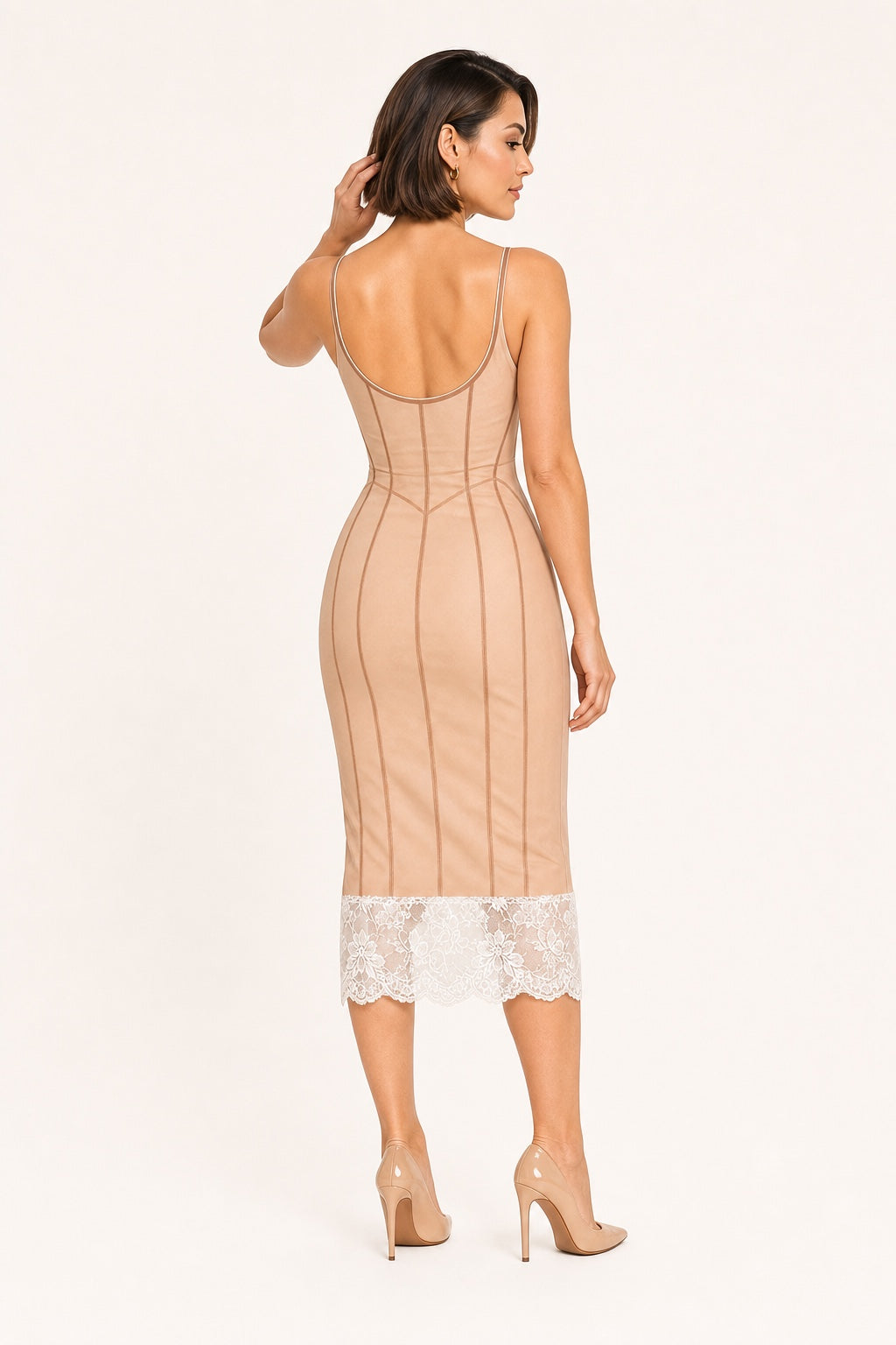 Maya nude corset-seam lace midi dress - back view