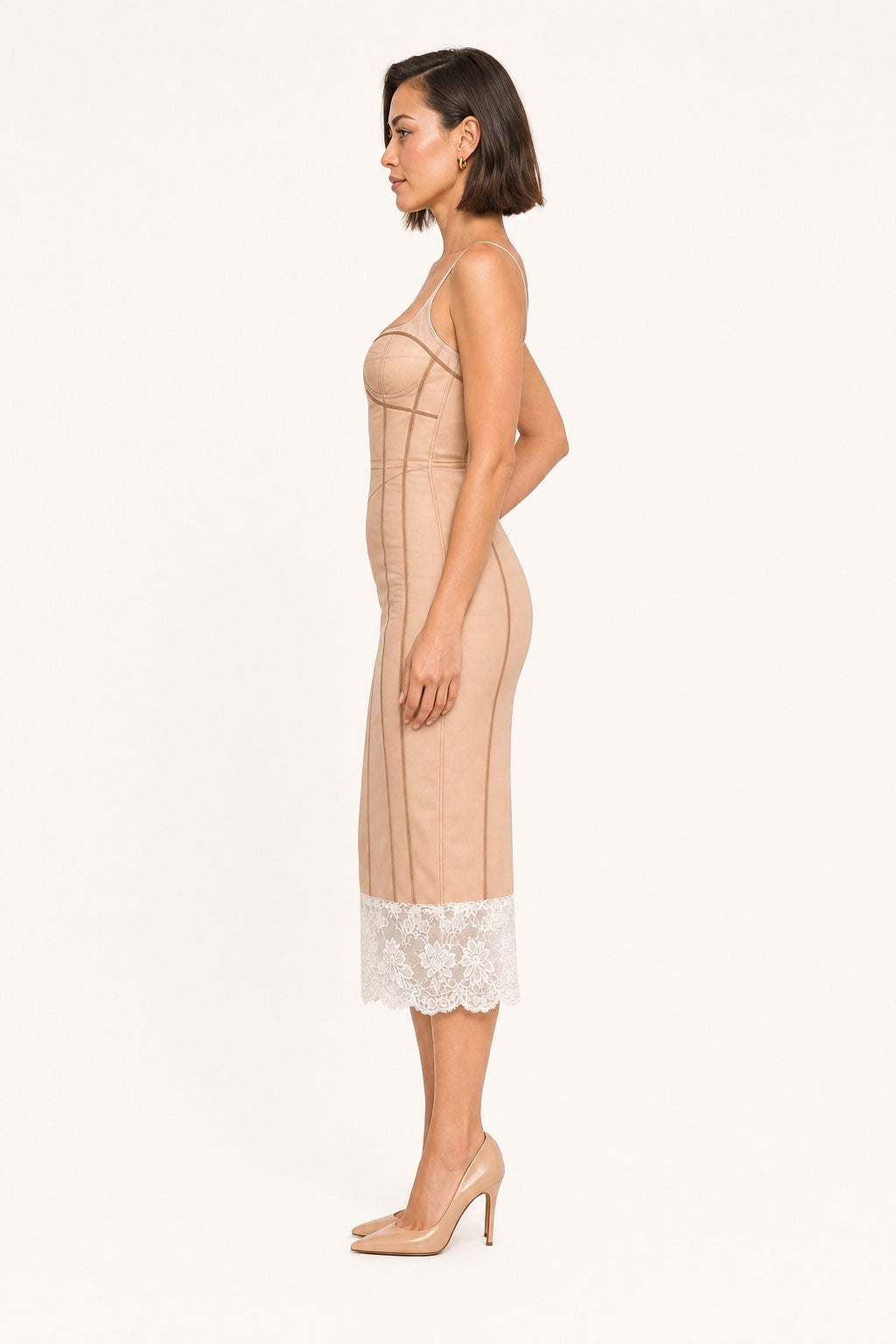Maya nude corset-seam lace midi dress - side view