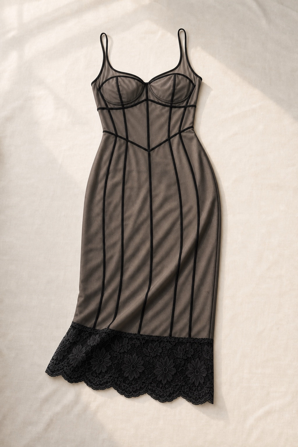 Maya corset-seam lace midi dress in Black - black mesh and lace variant view