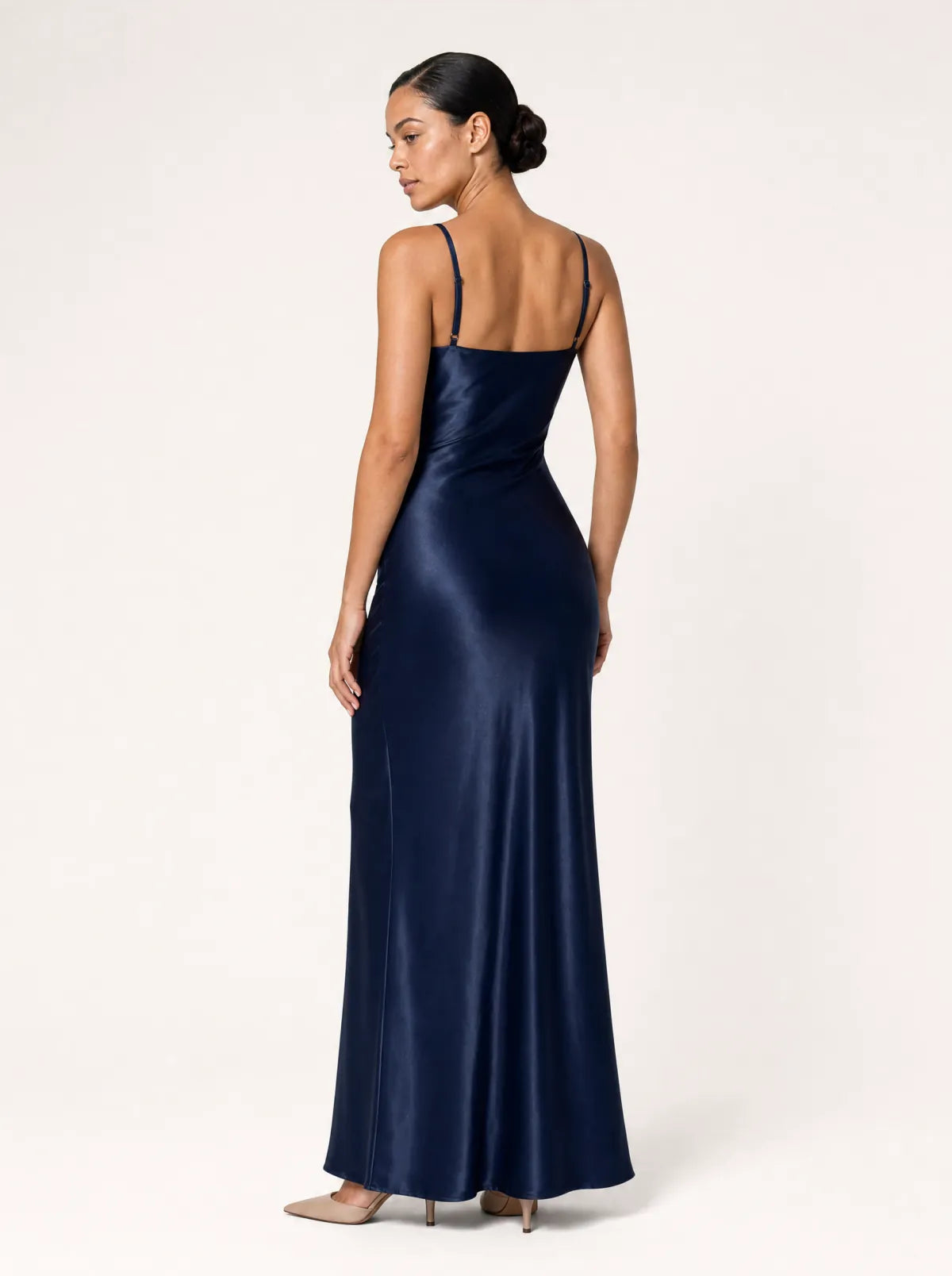 Elodie midnight navy satin maxi dress in a full-length back studio view