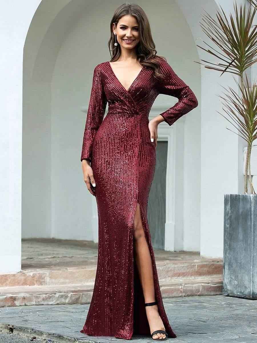 Sequin Shiny V-Neck Long Sleeve Evening Dress