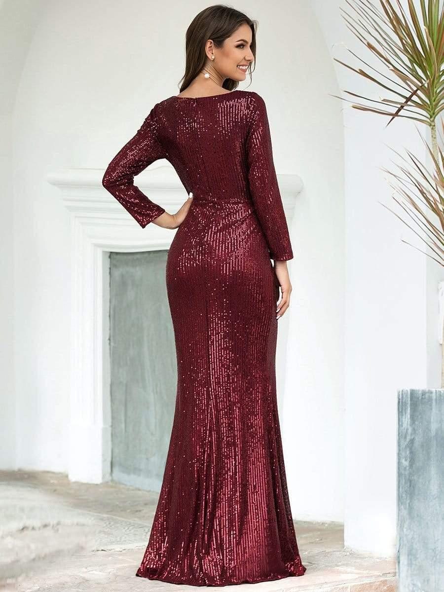Sequin Shiny V-Neck Long Sleeve Evening Dress