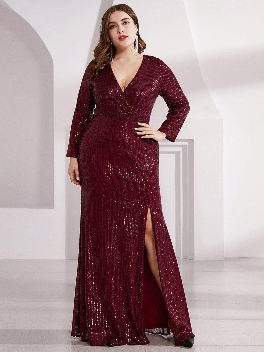 Sequin Shiny V-Neck Long Sleeve Evening Dress