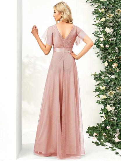 Tulle Double V-Neck Floor-Length Short Sleeve Bridesmaid Dress