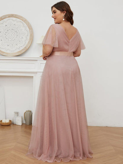 Tulle Double V-Neck Floor-Length Short Sleeve Bridesmaid Dress