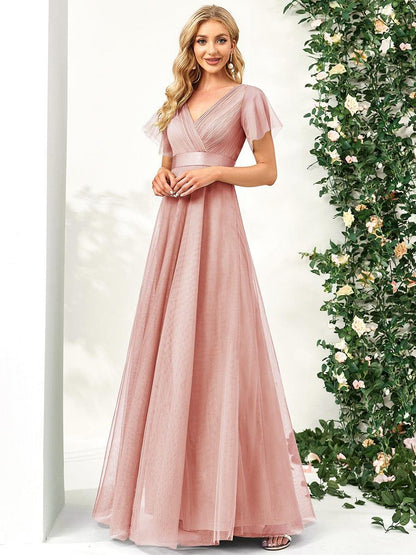 Tulle Double V-Neck Floor-Length Short Sleeve Bridesmaid Dress