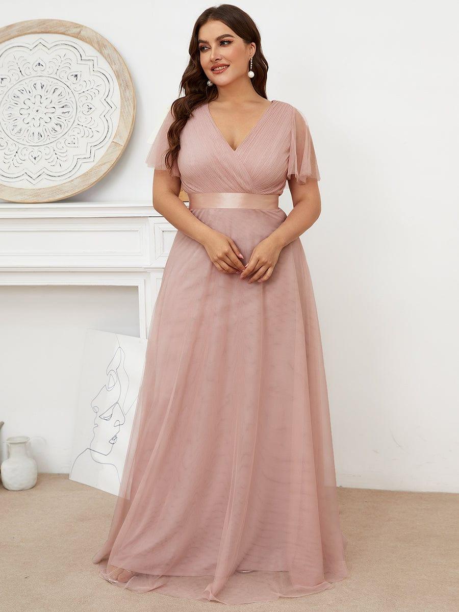 Tulle Double V-Neck Floor-Length Short Sleeve Bridesmaid Dress