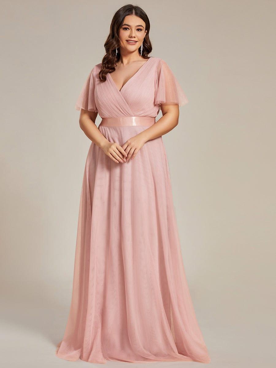 Tulle Double V-Neck Floor-Length Short Sleeve Bridesmaid Dress