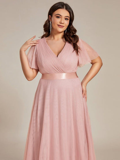 Tulle Double V-Neck Floor-Length Short Sleeve Bridesmaid Dress