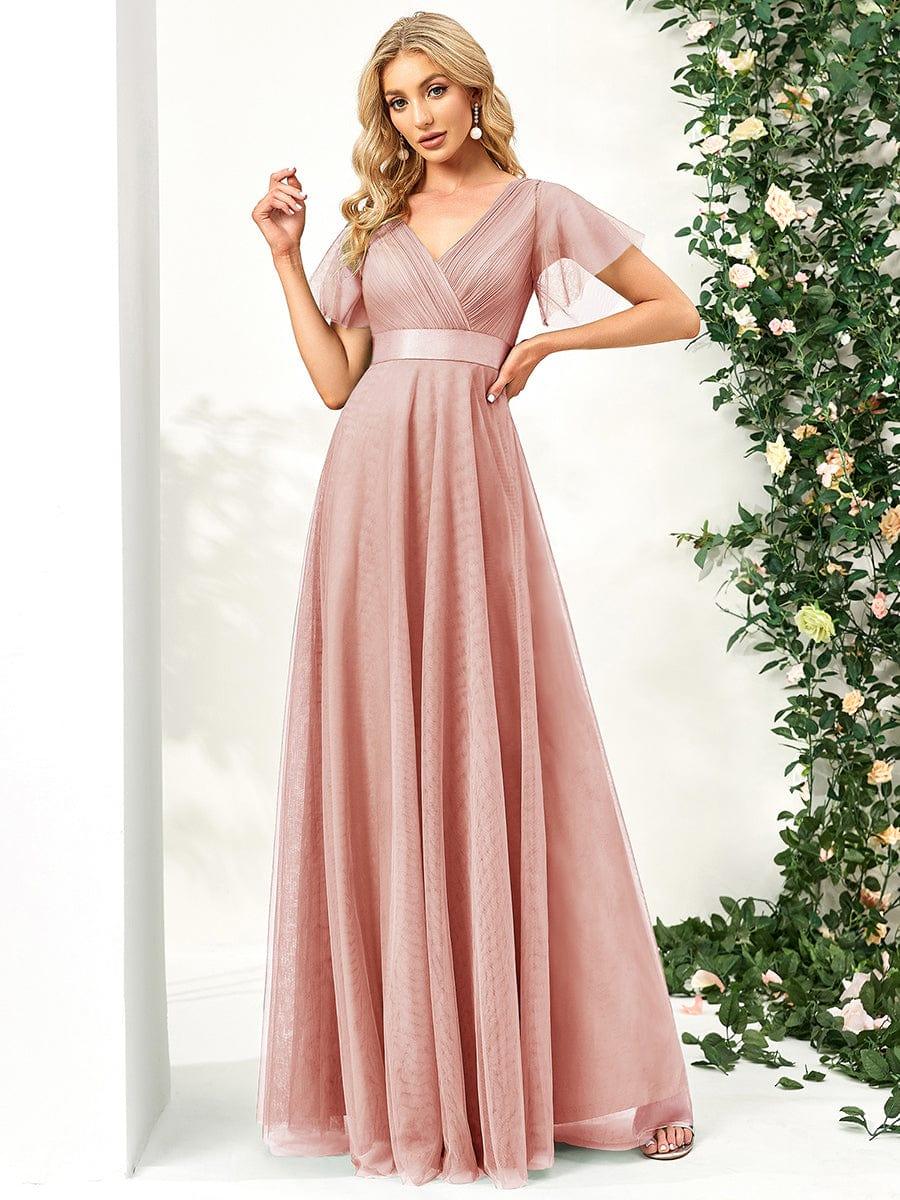 Tulle Double V-Neck Floor-Length Short Sleeve Bridesmaid Dress