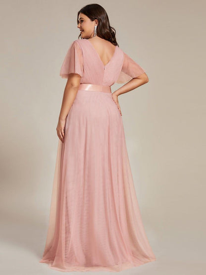 Tulle Double V-Neck Floor-Length Short Sleeve Bridesmaid Dress