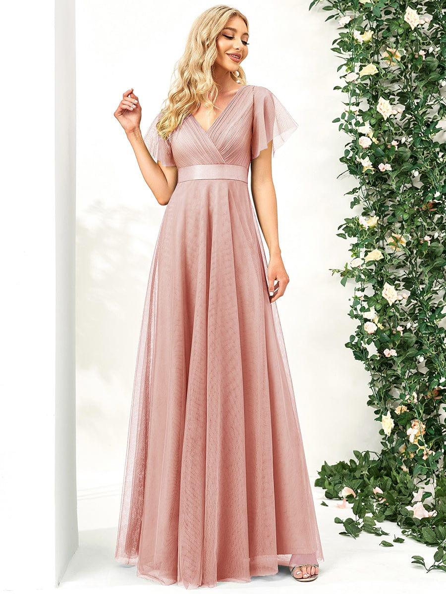 Tulle Double V-Neck Floor-Length Short Sleeve Bridesmaid Dress