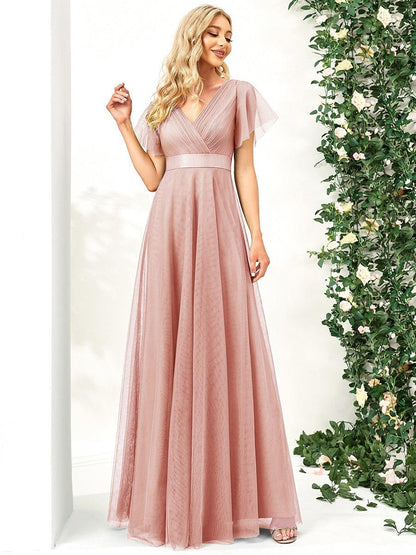 Tulle Double V-Neck Floor-Length Short Sleeve Bridesmaid Dress