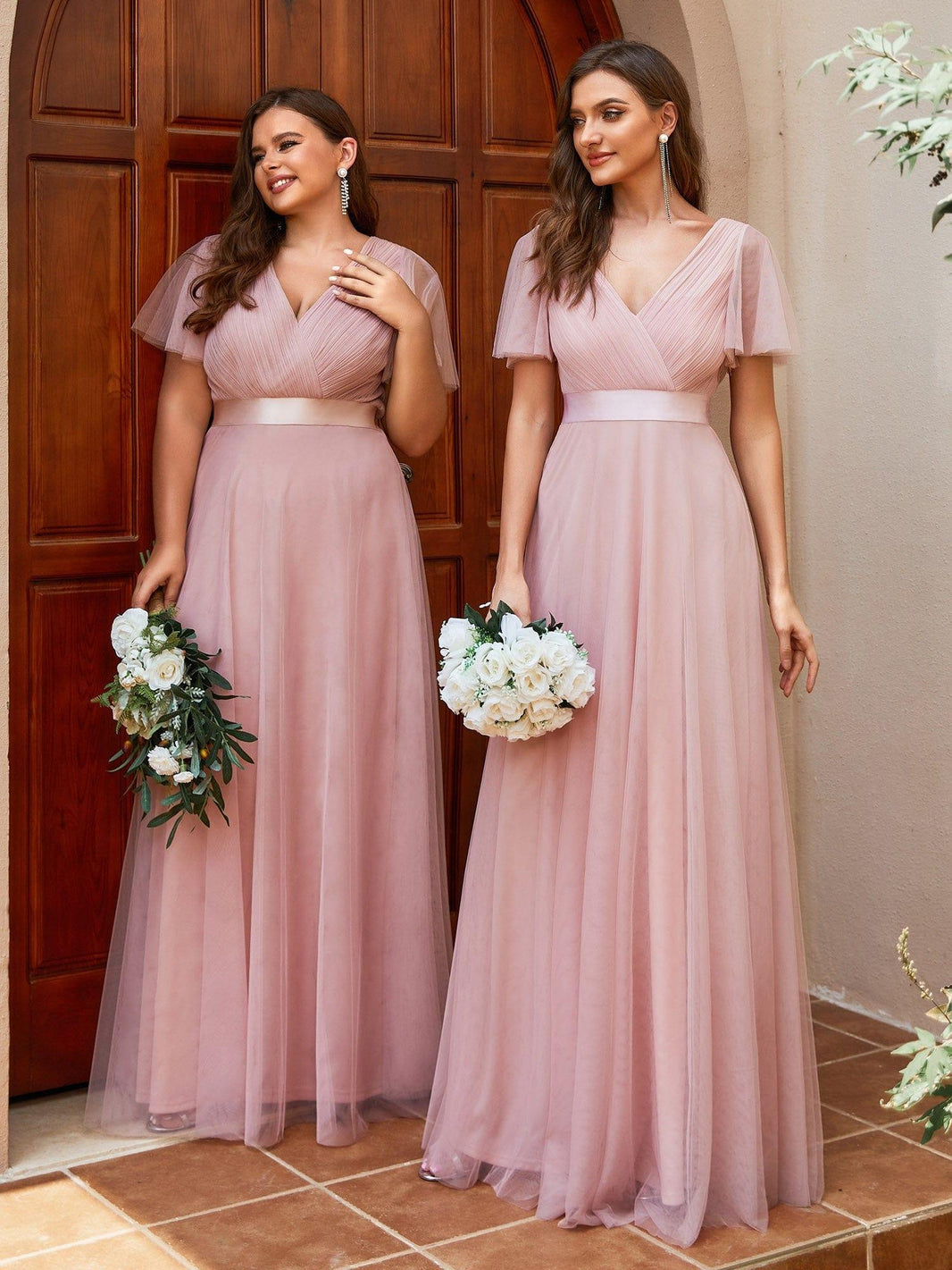 Tulle Double V-Neck Floor-Length Short Sleeve Bridesmaid Dress — Pink
