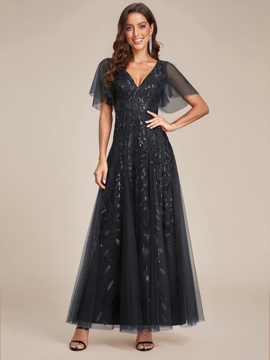 Sequin Shimmery Ruffle Sleeves Maxi Evening Dress — Black