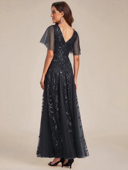 Sequin Shimmery Ruffle Sleeves Maxi Evening Dress