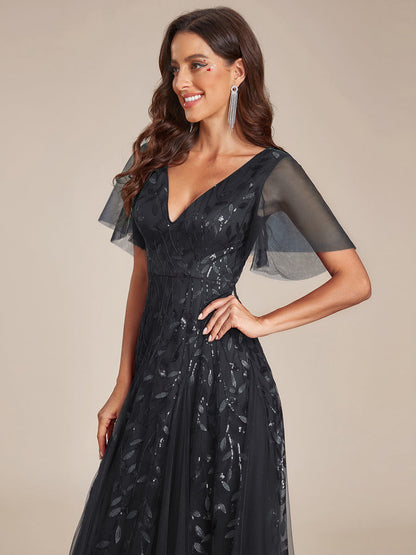 Sequin Shimmery Ruffle Sleeves Maxi Evening Dress