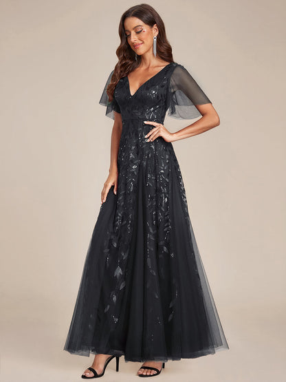 Sequin Shimmery Ruffle Sleeves Maxi Evening Dress
