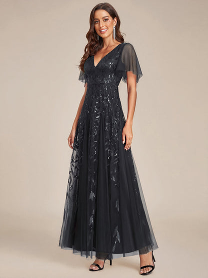 Sequin Shimmery Ruffle Sleeves Maxi Evening Dress