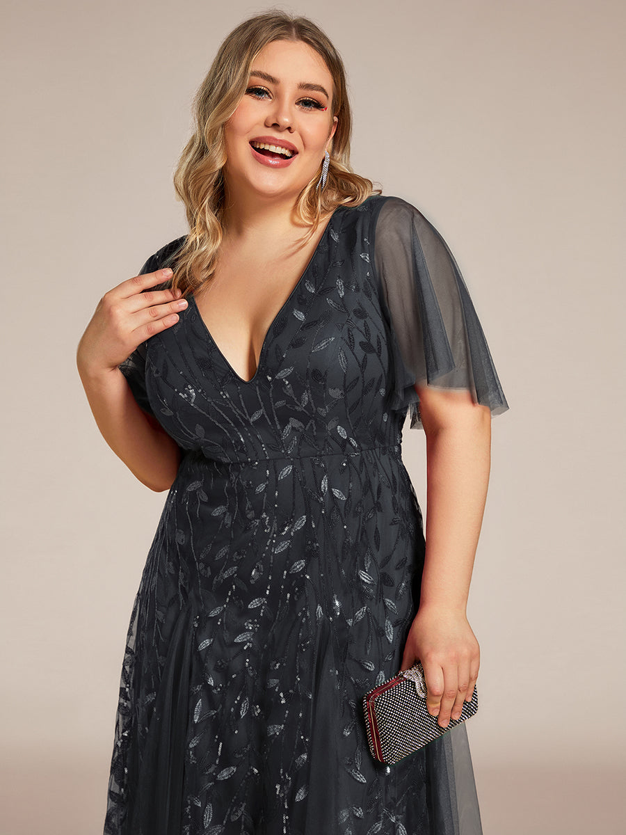 Sequin Shimmery Ruffle Sleeves Maxi Evening Dress