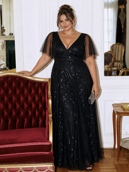 Sequin Shimmery Ruffle Sleeves Maxi Evening Dress
