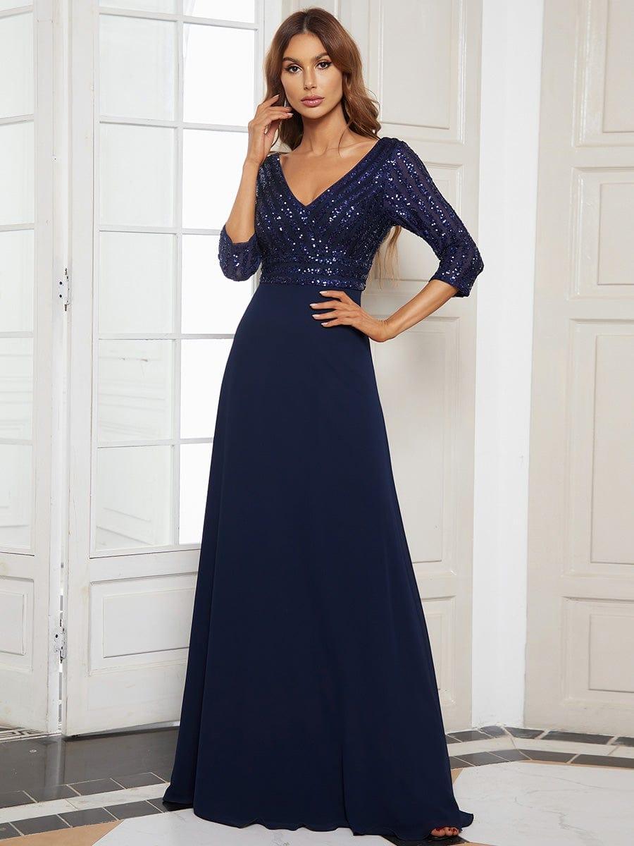 Sequin V-Neck Evening Dresses with 3/4 Sleeve — Navy Blue