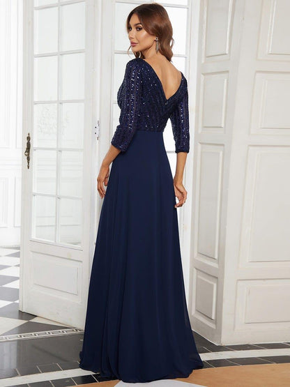 Sequin V-Neck Evening Dresses with 3/4 Sleeve