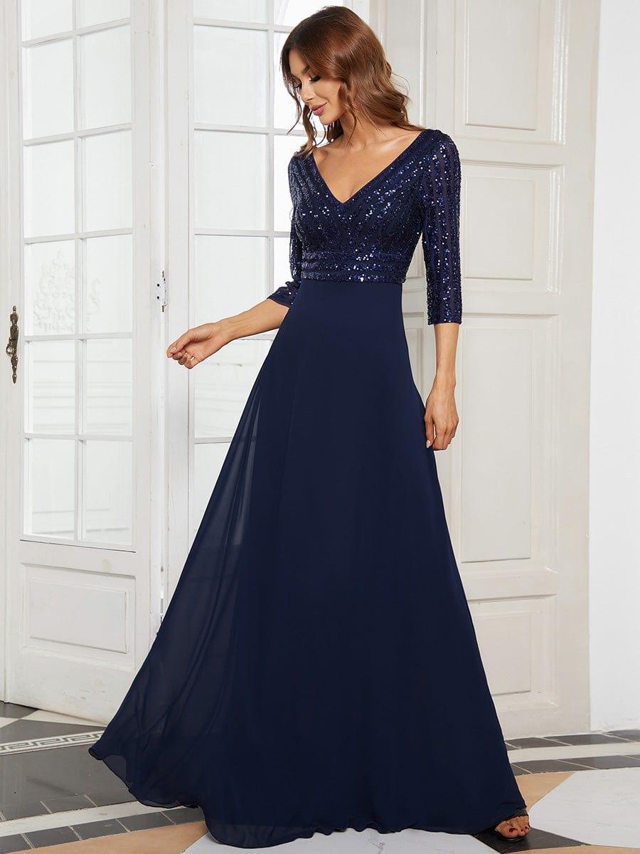 Sequin V-Neck Evening Dresses with 3/4 Sleeve
