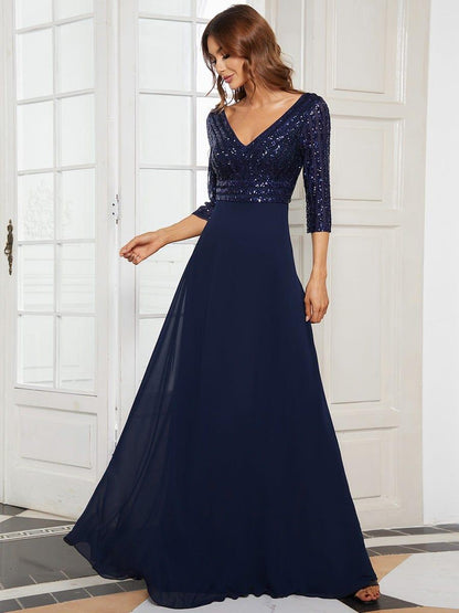 Sequin V-Neck Evening Dresses with 3/4 Sleeve