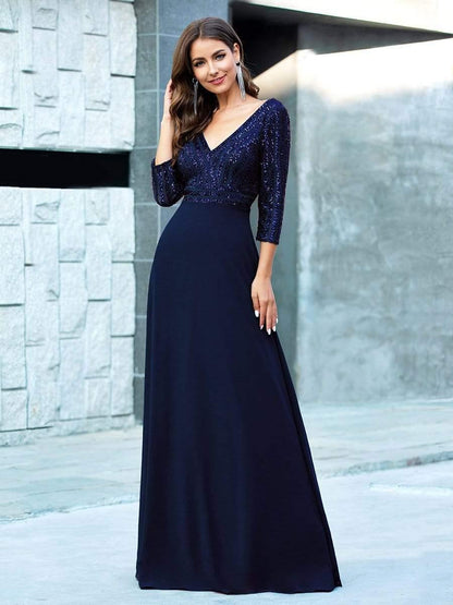 Sequin V-Neck Evening Dresses with 3/4 Sleeve